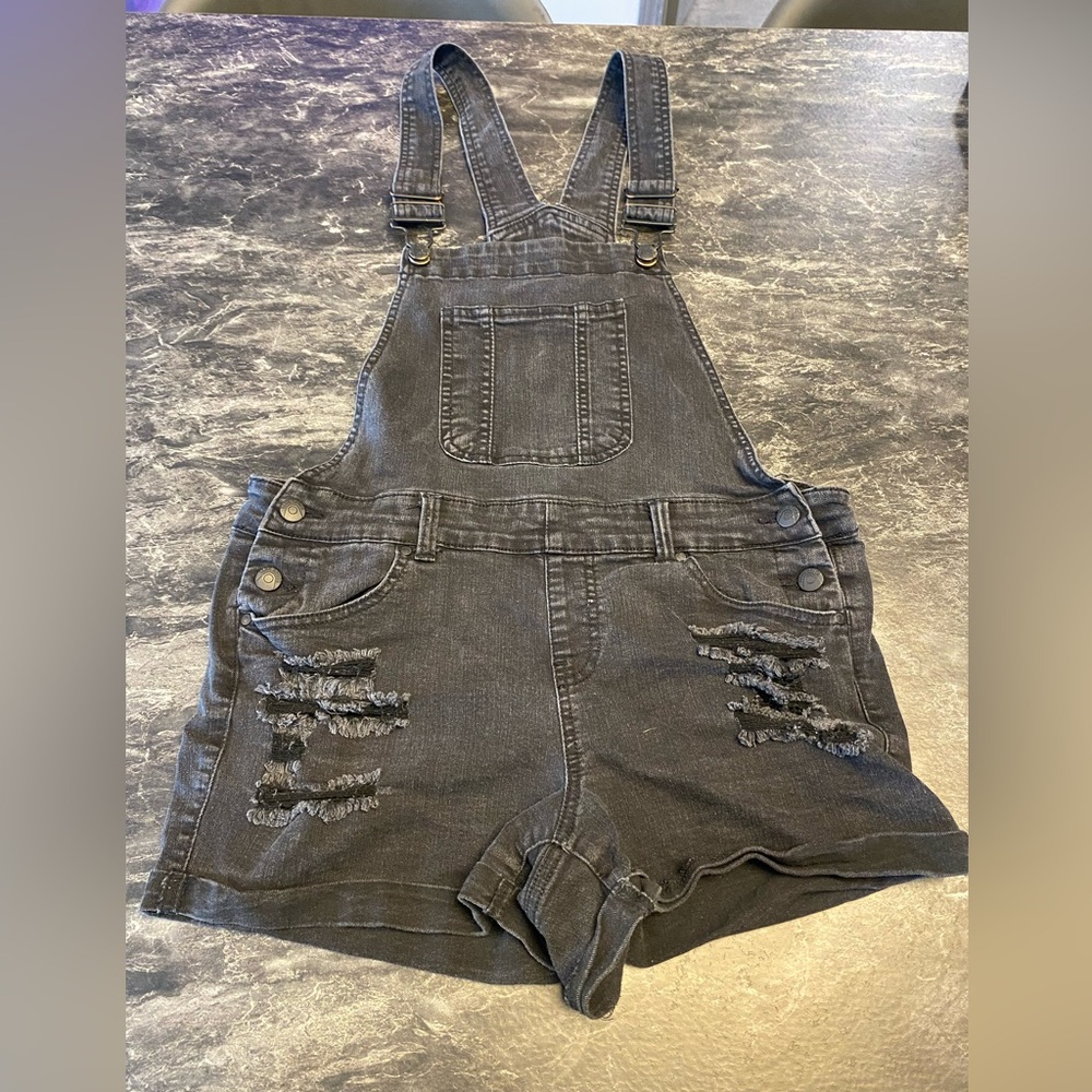 Blue Spice Distressed Black Denim Short Overalls